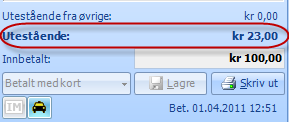 Nederst i vinduet vil det nå stå 23 kr. utestående. Disse 23 kronene skal så faktureres HELFO. Merk: Om beløpet er beregnet til mer enn kr.