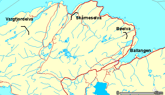 3.6. Bøelva/Skårneselva/ Vargfjordelva, Ballangen Elvene ble besøkt 6.9.9. Bøelva Bøelva har et nedslagsfelt på 8 km 2, og munner ut på sørsiden av Ofotfjorden mellom Kjeldebotn og Ballangen sentrum.