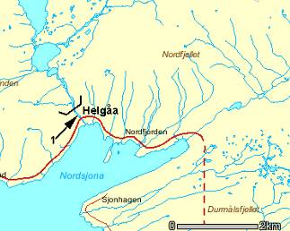 3.12. Helgåa, Rana Helgåa har et stort nedslagsfelt (98 km 2 ), og munner ut i Sjona ytterst i Ranafjorden. Elva ble besøkt 3.8.9. Den tilgjengelige strekningen for sjøvandrende laksefisk er bare ca 3 m i lengde, mens ca -5 m i bredde.