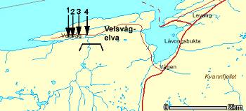 3.1. Velsvågelva, Leirfjord Innledning Elva har et nedslagsfelt på ca 12 km 2, og munner ut i Velsvågen i Leirfjord kommune. Fisk kan vandre ca 1.