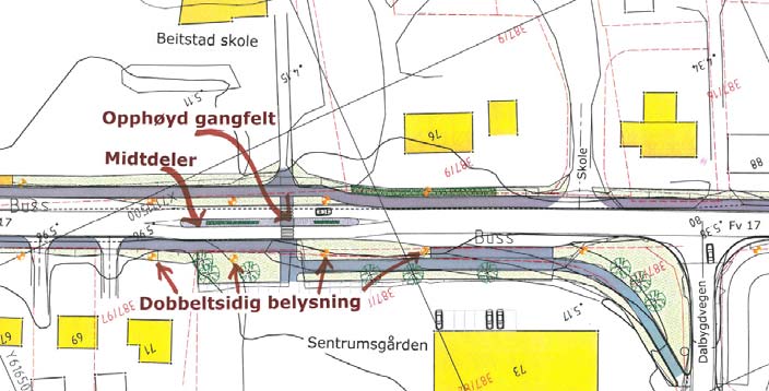 Beskrivelse av løsning ved Beitstad skole Planforslaget foreslår en rekke tiltak for å bedre trafikksikkerheten: En lang midtdeler mellom kjøreretningene fører til senket fart og utelukker