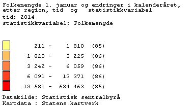 1 har den tettest befolkede kommunen 1 806 innbyggere per km 2 (Stavanger), og den mest spredt befolkede kommunen har 0,3 innbyggere per km 2 (Kautokeino). 3.