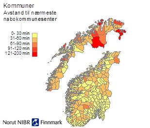 Figur 1.1 Avstand til nærmeste nabokommunesenter Kilde: Norut NIBR Finnmark Kartet i Figur 1.1 viser dagens reiseavstander til nærmeste nabokommunesenter.