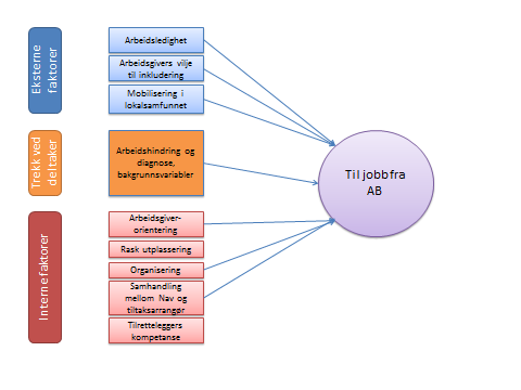 5.2 Interne og eksterne suksessfaktorer i tiltaket Arbeid med bistand Det kan gjøres et analytisk skille mellom tre typer av faktorer som spiller inn på tiltakets suksess.
