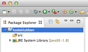 mappe og en mappe som heter JRE System Library [JavaSE-1.8]. src -mappe er der du legger koden din, mens JRE System Library [JavaSE-1.