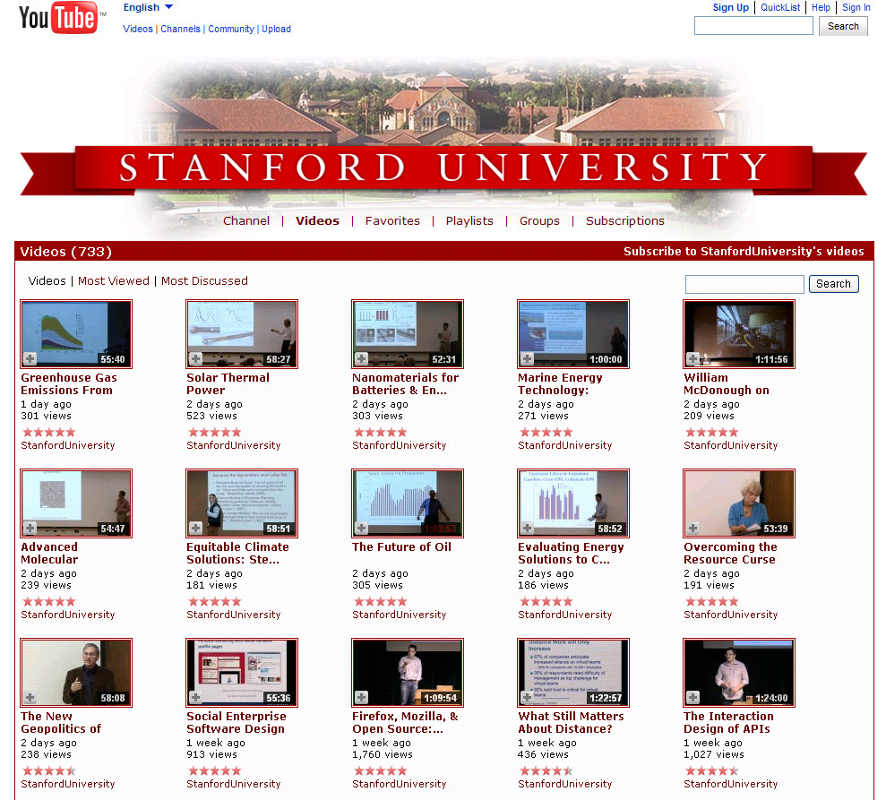 Figur 25: Stanford University på YouTube Evne til å anvende forskningsresultater øker i betydning. Det er ikke bare utdanningen som påvirkes av den akselererte kunnskapsutviklingen.