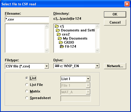 6. Konvertere data k Konvertere csv-data til kalkulatordata 1. Velg [File] - [CSV-Load from CSV]. 2. Velg de csv-dataene du skal konvertere. 3. Velg den typen kalkulatordata du skal konvertere til.