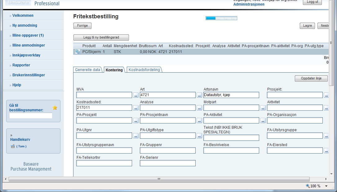 Kontering i bestillingssystemet BasWare Purchase Management (PM) Ved bestilling av utstyr som skal aktiveres skal bestillingen konteres mot artskonto 4xxx i PM.