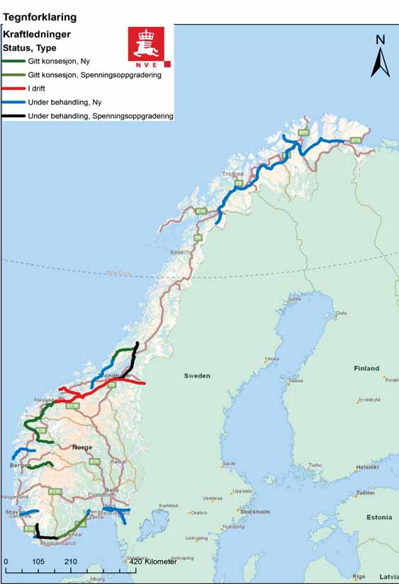 Saker til behandling i NVE Over 1500 km sentralnett Ofoten Varangerbotn (745) Storheia Trollheim (127) Kollsnes Modalen (105) Rød Bamble