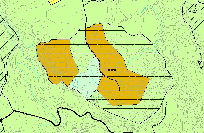 Figur 1-14: Utsnitt fra kommuneplan med hensynssone 910 der reguleringsplan fortsatt skal gjelde. Arealbruken i reguleringsplanen vises med generaliserte koder.