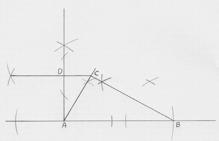 Det kan være en fordel at oppgitte vinkler i hjelpefiguren blir tegnet i korrekt størrelse. Konstruert figur (uten mål): Konstruksjonsforklaring: 1. Avsatte AB = 80cm,. Konstruerte A = 60 og B = 30 3.