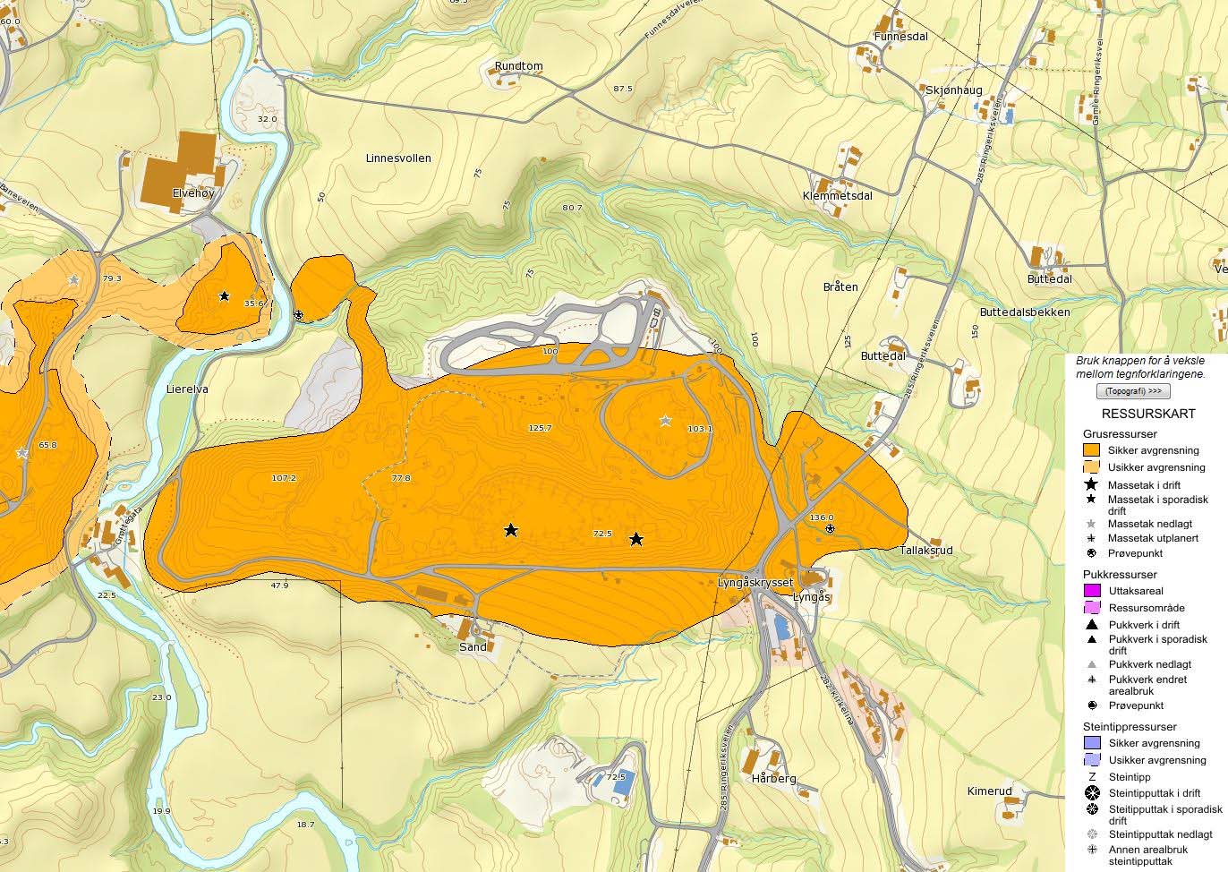 Planbeskrivelse for detaljregulering for del av Lyngås grustak - gjenvinningsstasjon 40 6.1.4 Grusressursen I grus og pukkdatabasen er avgrensningen av grusressursen vist, se figur 31.