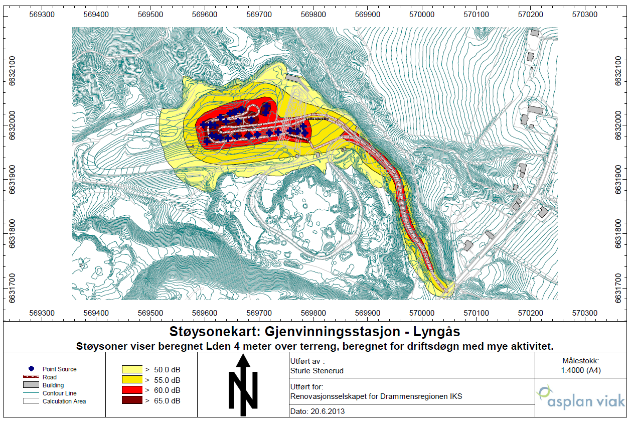 Beregnet støysonekart for gjenvinningsstasjonen er vist i figur 43.