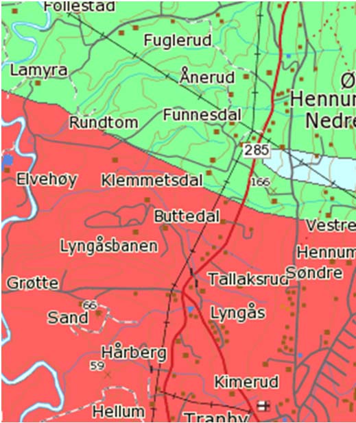 Planbeskrivelse for detaljregulering for del av Lyngås grustak - gjenvinningsstasjon 57 Berggrunnskart Statens strålevern anbefaler nå at radonnivåer holdes så lave som mulig i alle bygninger, og at