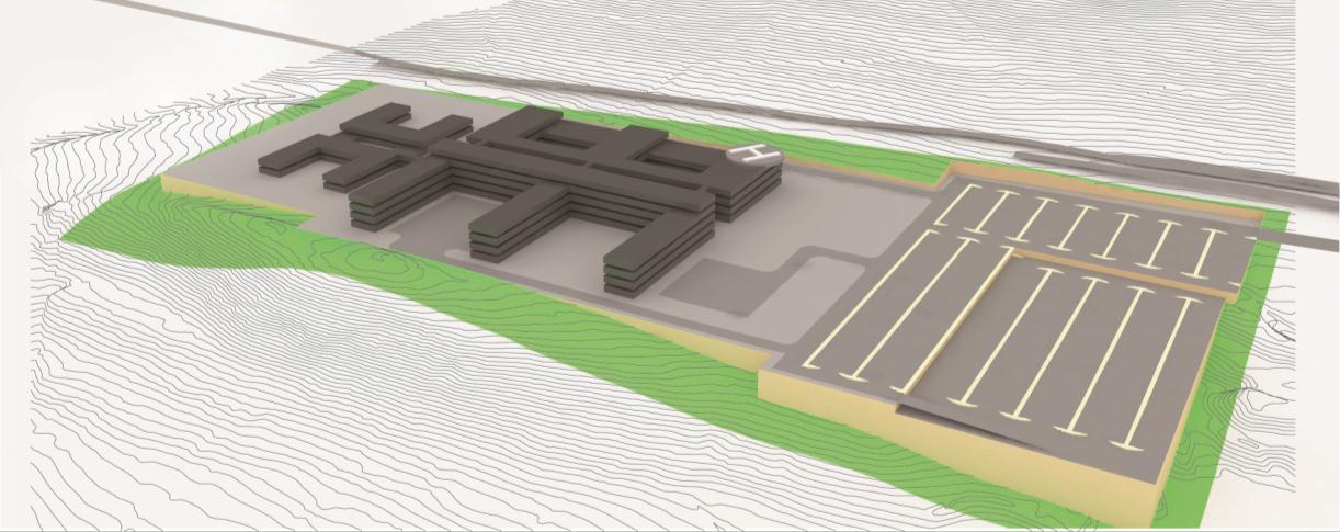 E39 Psykiatri Somatikk Akutt Hovedinngang Økonomigård Parkering Figur 10. Utstrakt sykehusmodell på tomta på Mork. 3.4.2 Figur 8. Typisk terrengsnitt på Mork. Byggbarhet Figur 9.