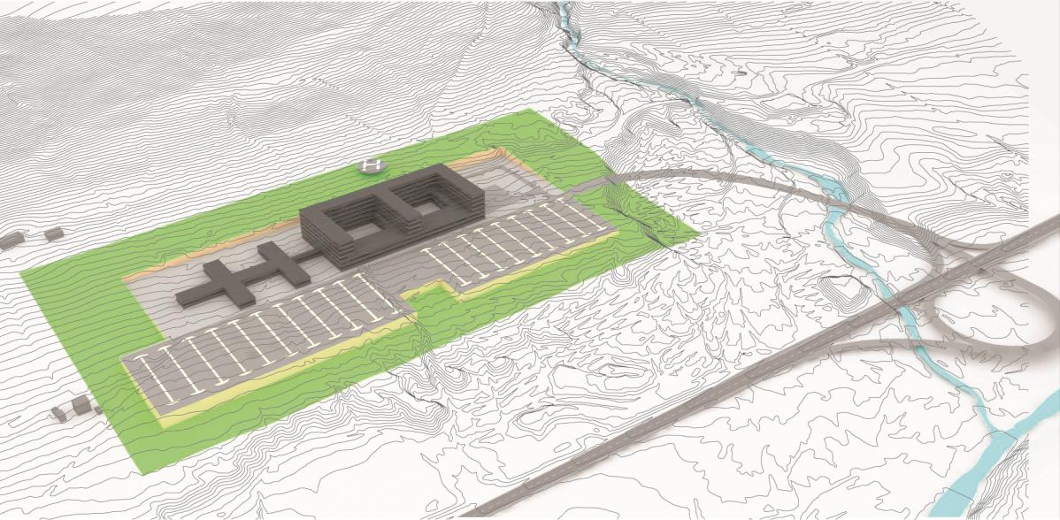 Av- og påkjøring fra sør og påkjøring mot nord krysser over E39 på en bro, og alle de fire rampene flettes sammen til to felt før adkomstveien stiger opp mot sykehustomta med maksimal stigning på 6