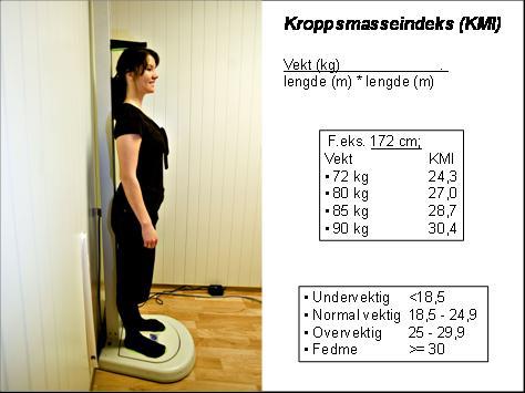 3.4 Overvekt, fedme og diabetes 7 Nedenfor gjennomgås utviklingen av overvekt, fedme og diabetes slik det kommer fram i HUNT 1- HUNT 3. Vi har også hentet materiale FHI. 3.4.1 Overvekt og fedme Verdens Helseorganisasjon (WHO) anbefaler å bruke kroppsmasseindeks (KMI) for å følge vektutviklingen i befolkningen.