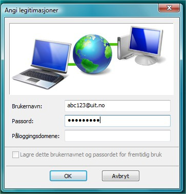 Skriv inn brukernavnet ditt etterfulgt av @uit.no i feltet for Brukernavn og deretter passordet (the username abc123 is just an example). Ikke skriv noe i Påloggingsdomene.