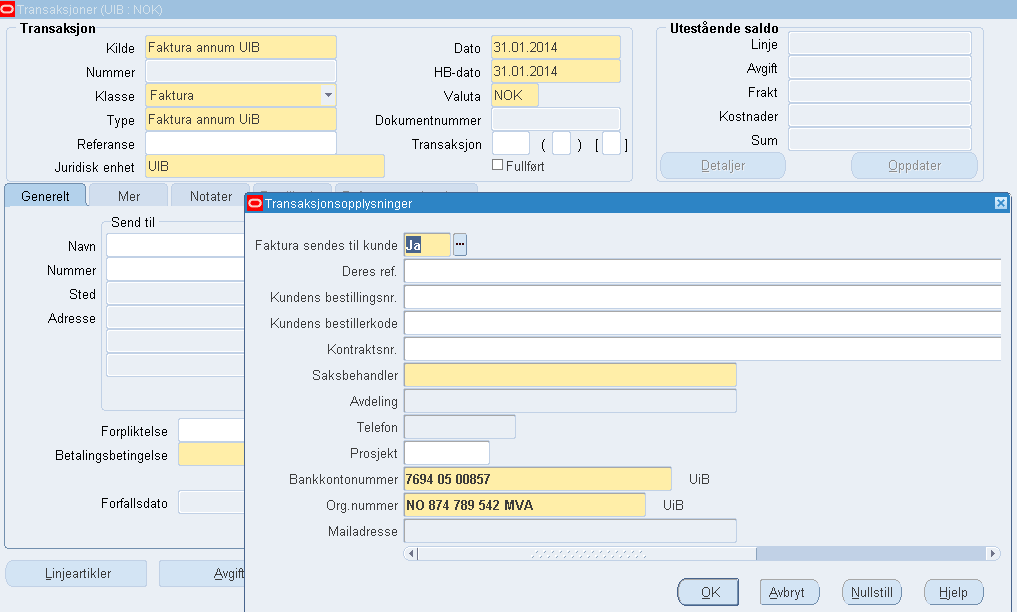 Registrer transaksjonsopplysninger Gule felt er obligatoriske. Hvite felt er valgfrie og fakturaen kan fullføres selv om ikke det er lagt inn opplysninger der.