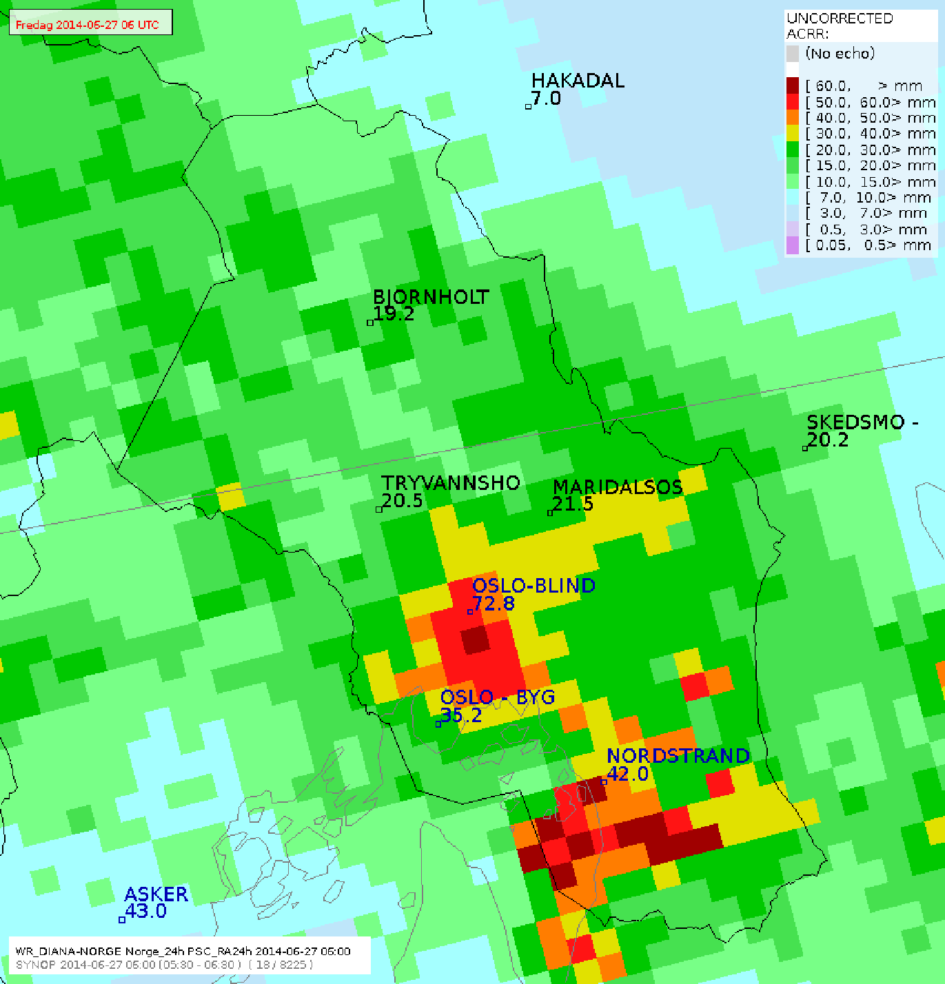 Rekordnedbør i Oslo 26/6 2014 Blindern: