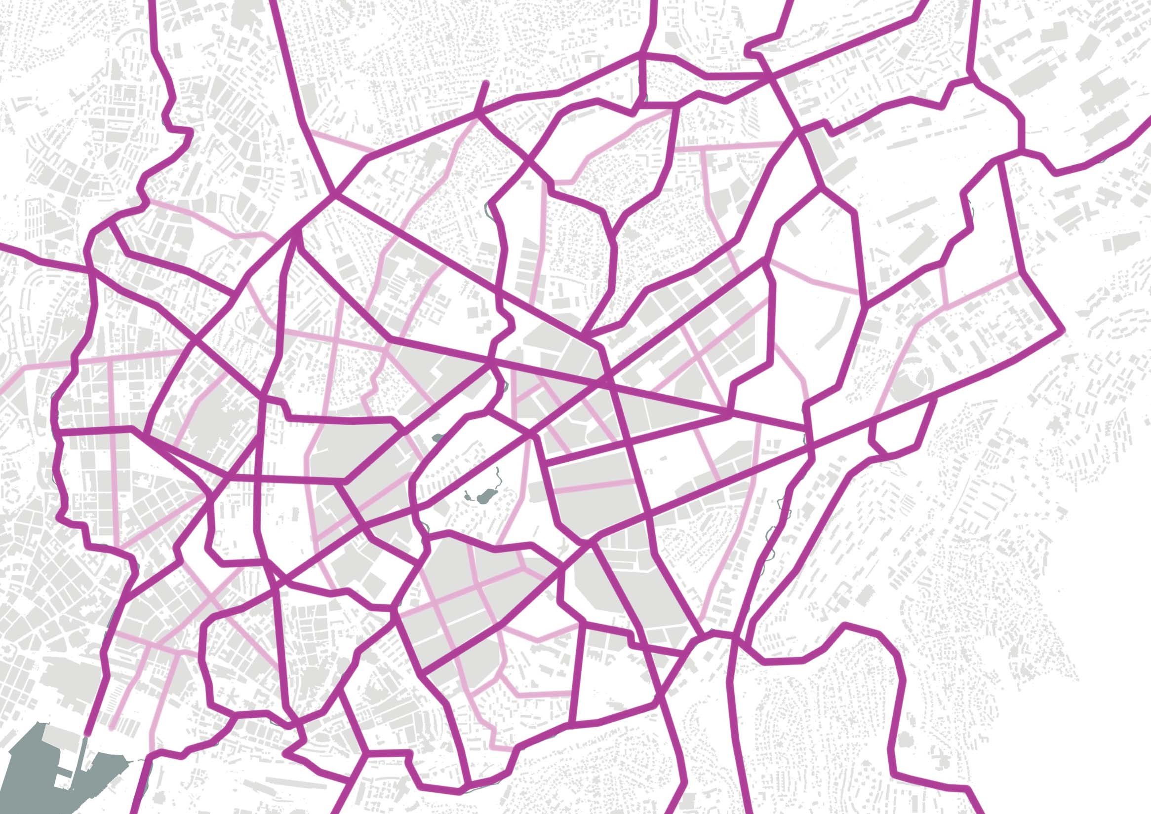 SAMMENHENGENDE SYKKELNETT 22 C Utforming av et gatenett som prioriterer gående og syklende. Gatelivet er avhengig av at folk ferdes på gateplan.