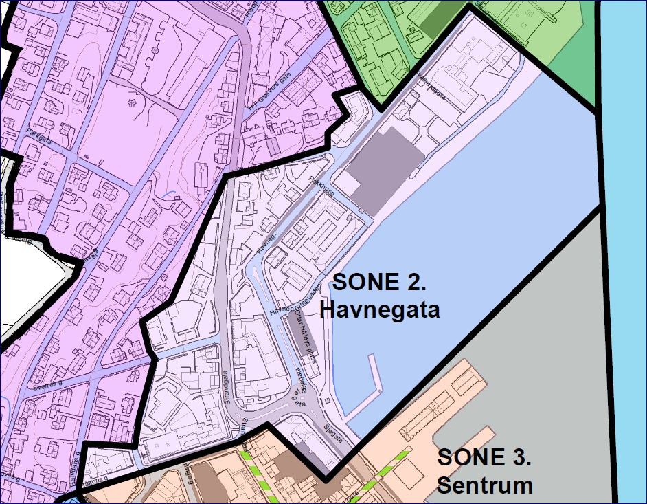 4.2. Sone 2 Havnegata Sone 2, Havnegata er avgrenset langs Havnegata mot tilgrensende småhusbebyggelse i sone 6. Over Strandgata med næringsbebyggelse i mot sone 6.