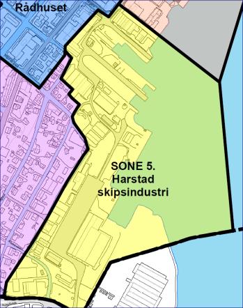 Sone 5 Harstad Skipsindustri Sone 5 er avgrenset langs den eksiterende og historiske reguleringsavgrensing for tidligere industriarealer mot sentrumsfunksjoner i sone 4 og 3 og boligområder i sone 6.