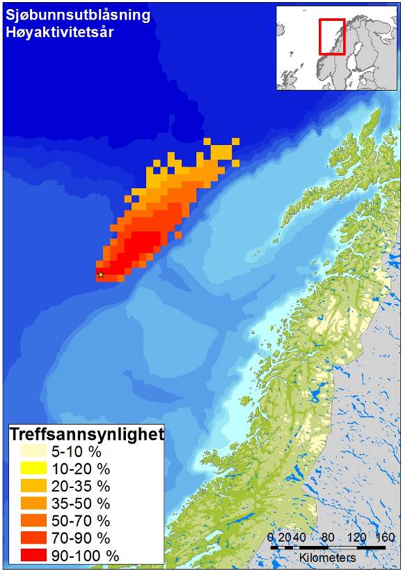 Figur 3-1: Sannsynlighet for treff av olje i 10 x 10 km sjøruter gitt en overflate- og sjøbunnsutblåsning fra Aasta Hansteen hele året.