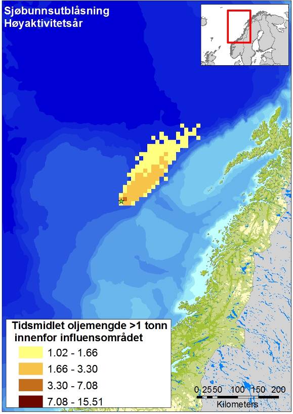 Figur 3-2 Tidsmidlet oljemengde >1 tonn (i 10 10 km ruter) innenfor influensområdet gitt en overflate- og sjøbunnsutblåsning fra Aasta Hansteen-feltet i et høyaktivitetsår.