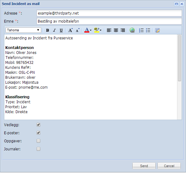 Integrasjoner 1.13 Send hendelse m/vedlegg, oppgaver og kommunikasjon som epost Hender det kanskje at det kunne vært kjekt å sende hele incidenten på epost, for eksempel til en leverandør?