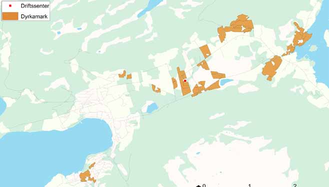 TEMA Figur 1: Eksempel på dyrkamarkas beliggenhet i forhold til driftssenteret (avmerket med rødt på kartet) etter en større utbygging.