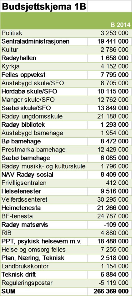 For at rapporteringa til formannskap og kommunestyret skal vera i samsvar med faktisk organisasjonsstruktur, må skjema 1B for 2014 vedtakast på nytt av kommunestyret, slik det går fram av framlegget