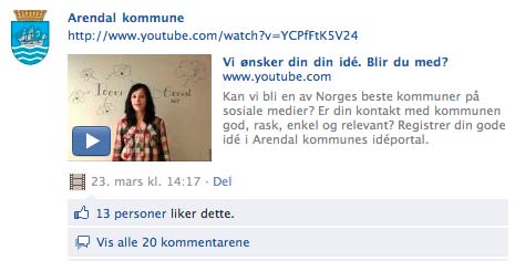 Eksempel fra Facebooksiden til Arendal-kommune hvor de forsøker å engasjere innbyggerne til å komme med innspill.