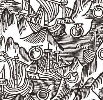 Utsnitt av illustrasjon fra Olaus Magnus fra 1555 som viser fortøyningsringer festet med kramper til bergene.