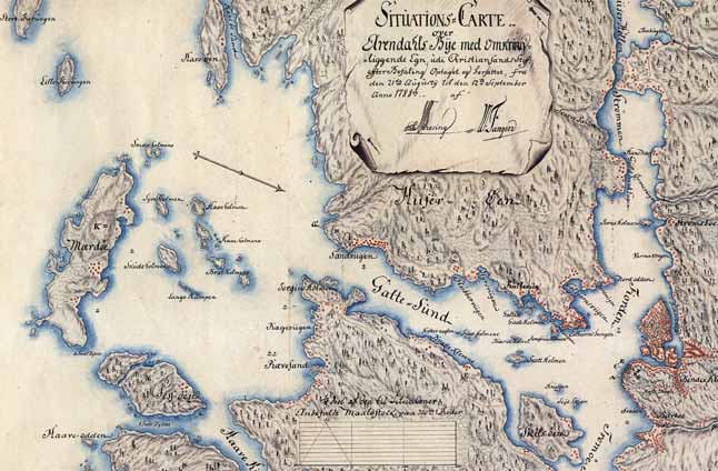 Kart fra 1786 af Mosing og W. Tangen. Merk nordpilen; her ser vi landskapet fra nordøst.