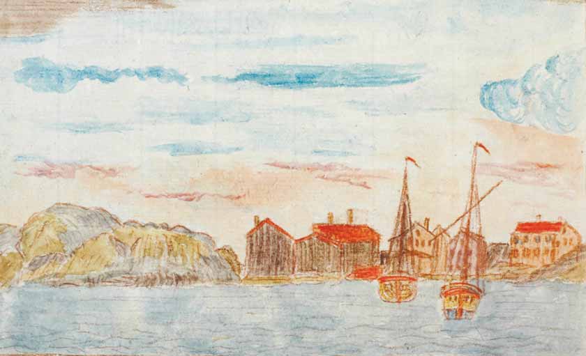 Øst for Merdøgaard ligger tre større, sammensatte hus, både på kart og akvarell. Alle tre har gavlen mot sjøen, og de har 2 ½ etasje.