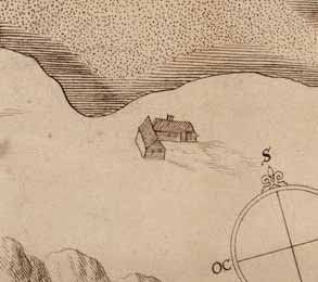 Bebyggelsen på østre Merdø tegnet på kart fra 1647. Her er tre hus rundt et tun, som alle har skorstein.