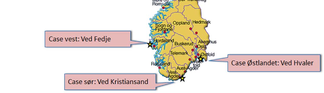 For Midt Norge er valgt Rørvik og for Nord Norge er det innseilingen til Tromsø som ble valgt. Figur 2.4 Utslippspunkter i hovedundersøkelse.