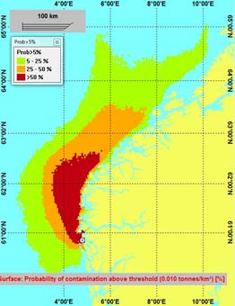 De fire kartene viser treffsannsynlighet på sjø for ulik størrelse på oljeutslippet (20 tonn, 200 tonn, 2000 tonn og 20 000 tonn) for