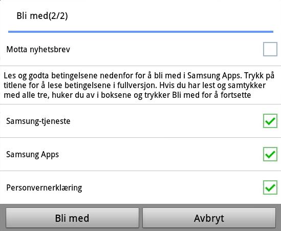 Når dette bildet kommer frem (se bildet til venstre), må du huke av for at du har lest og godtatt betingelsene. Det står også Motta nyhetsbrev. Obs.