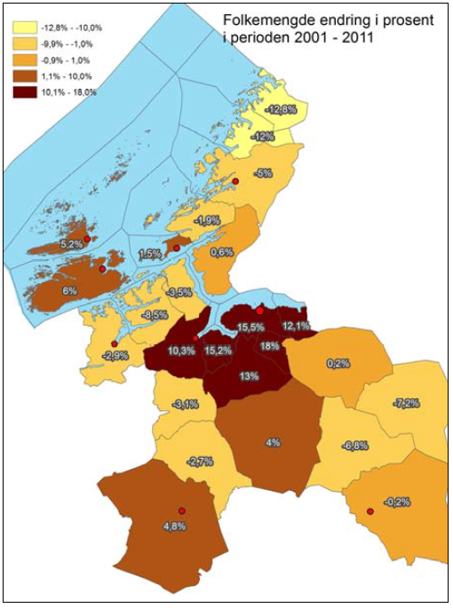 Ett stort vekstområde og tre små Utbygging av vei og bane gir raskere reise ("en time til byen") Aksept for lengre arbeidsreise Arbeidsmarkedsregionene er større i dag enn da