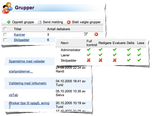 Modul 1: Pedagogisk bruk av LMS side 19 av 22 Figur 10: Det er lett å lage grupper i it s learning (øverst) og angi at det kun skal være mulig å lese og delta i forumet for de av studentene som er