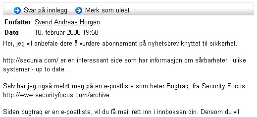 Modul 1: Pedagogisk bruk av LMS side 21 av 22 Figur 12: Eksempel på forum for diskusjon av samfunnsrelatert innhold, her: datasikkerhet, prøvd i faget Internett og Sikkerhet.