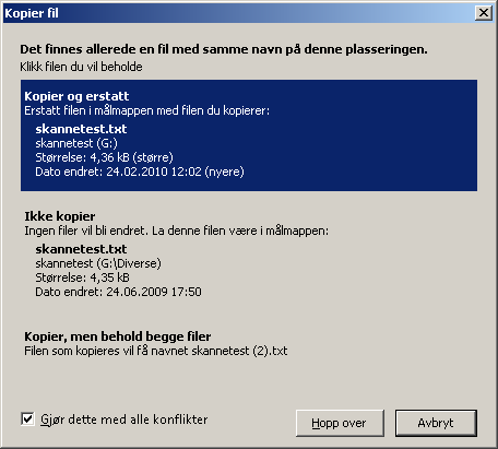 Figur 21 Dialog boksen Kopier fil. 7. Trykk Tab til markøren står i feltet "Gjør dette med de x konfliktene, og trykk mellomrom for å aktivere valget. 8.
