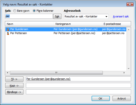 2 Sende e-post til flere samtidig Velge adresse fra adresseboka 1. Åpne vinduet for ny melding. Markøren står i feltet Til. 2. Trykk Alt+T eller Ctrl+Skift+B for å åpne vinduet Velg navn. 3.