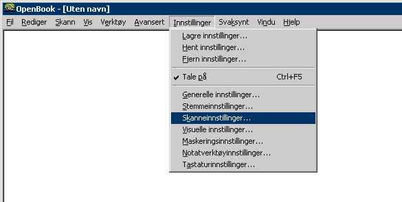 Figur 29 Programvinduet til Open Book med menyen Innstillinger åpen. 2. Trykk Pil ned til markøren står på valget Skanneinnstillinger eller Scanning Settings og bekreft med Enter. 3.