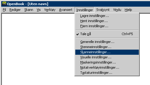 Figur 41 Programvinduet til Open Book med menyen Innstillinger åpen. 2. Trykk Pil ned til markøren står på valget Skanneinnstillinger eller Scanning Settings og bekreft med Enter.