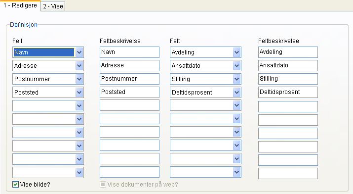 Sette opp lønnssystemet Definere ansattkartotek Du må definere hvilke felter som skal vises på de ansatte i ansattkartoteket i Ansattportalen. 1. Velg menyen Verktøy Personal Personalbildeoppsett. 2.