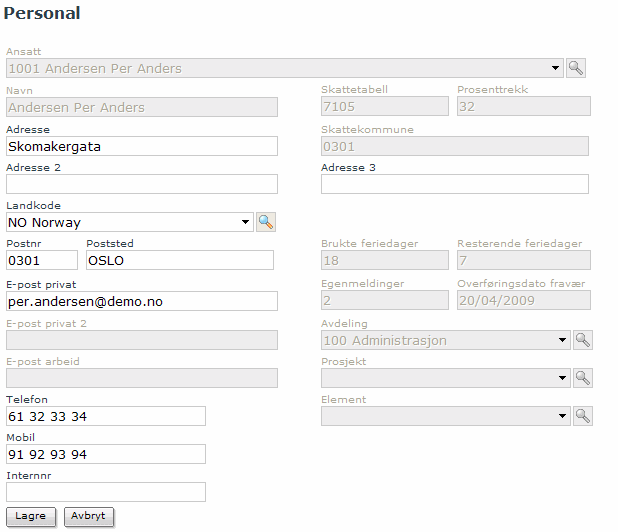 For vanlige brukere 7. Hvis du vil sende en e-post til en ansatt klikker du. Endre egne personopplysninger Hvis systemet er satt opp til det, kan du endre egne personopplysninger.