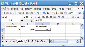skal vise i hver celle. Oppsettet nedenfor viser hvor mye 4 brød til 13,65 kr per stykk koster til sammen. Vi ser at regnearket oppgir summen 54,60 kr som 54,6.